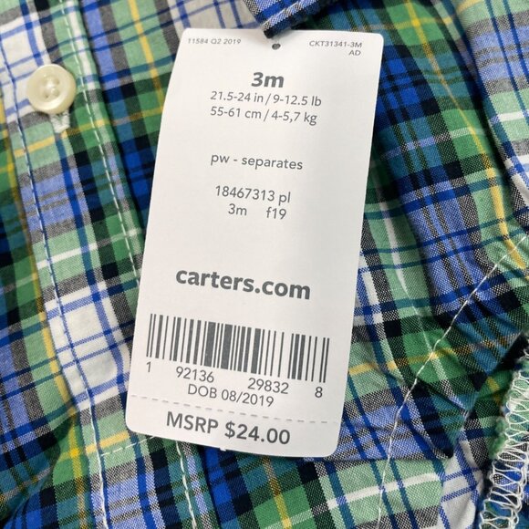 Carters Baby Boys Green & Blue Plaid Button-Up Bodysuit Size 3M - New - Picture 8 of 8